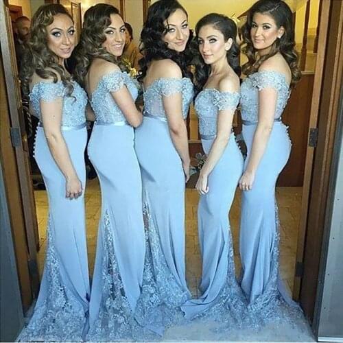 2019 Bridesmaids Dresses Chiffon Lace Off shoulder with Sleeves Beaded Backless Cheap Evenin Prom Dress For Wedding