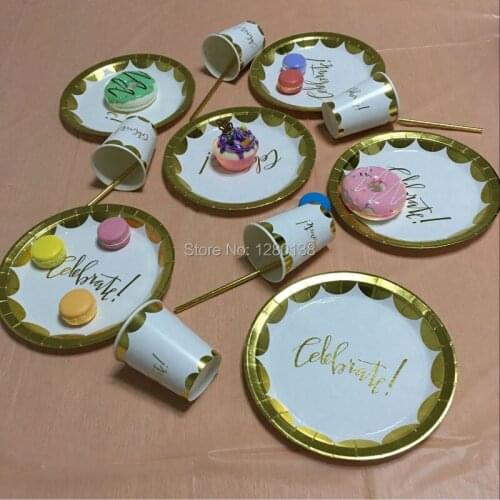 240set Disposable Tableware Party Supplies Gold and White Paper Plates Cups Straws Baby Shower Wedding Celebrate Holiday Event
