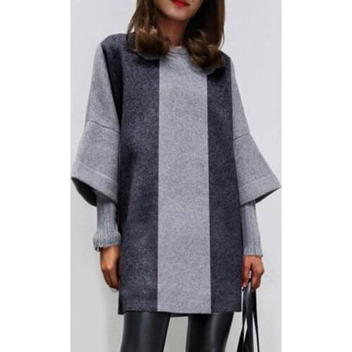 50% HOT SALES！！！Autumn Winter Women Half Sleeve Striped O Neck Loose Woolen Blouse Mini Dress