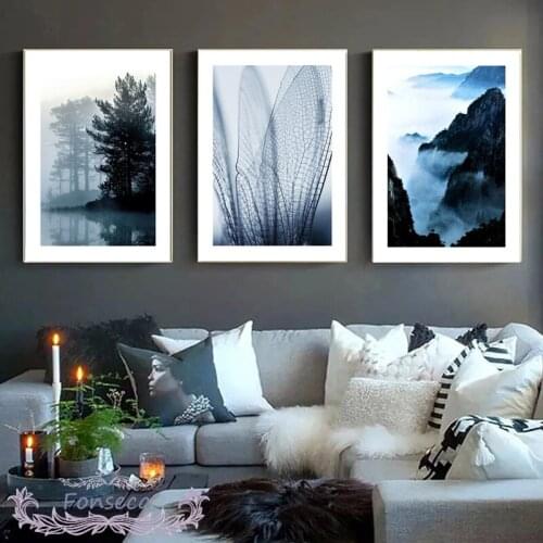 Abstract Landscape Navy Blue Poster Tree Mountain Butterfly Wings Canvas Painting Wall Art Pictures for Living Room Gallery