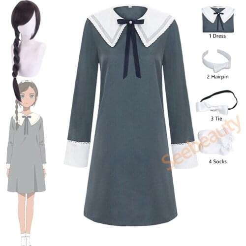 Anime Wonder Egg Priority Neiru Aonuma Cosplay Costume Long Sleeve Gray Dress Long Wig Braid Halloween Party Women Dress
