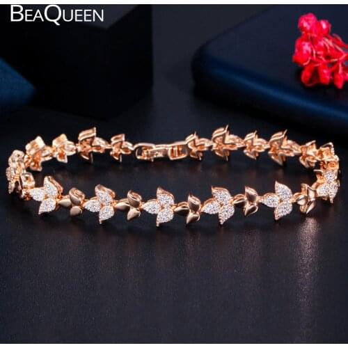 BeaQueen Fashion 585 Gold Color Jewelry Micro Paved Cubic Zirconia Chic Leaf Flower Cluster CZ Tennis Bracelets for Women B212