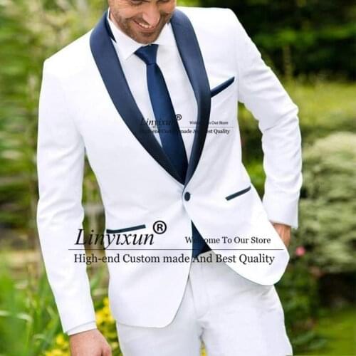 White Mens Suit with Navy Blue Shawl Lapel Groomsman Suit Blazer+Pants Custom Made Groom Tuxedo Best Man Suit for Wedding