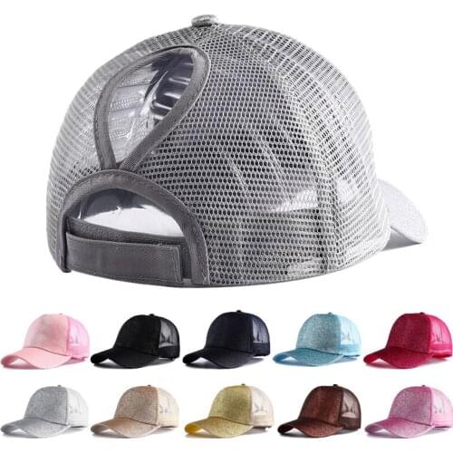 2021 New Summer Glitter Ponytail Hat Snapback Women Messy Bun Sunhat Breathable Distressed Mesh Trucker Hats Casquette Femme