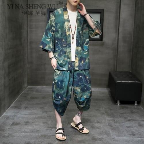 New Kimono Japanese Harajuku Style Pants Two Piece Men Tops Trousers Suits Male Japan Yukata Cardigan Cropped Trousers Costumes
