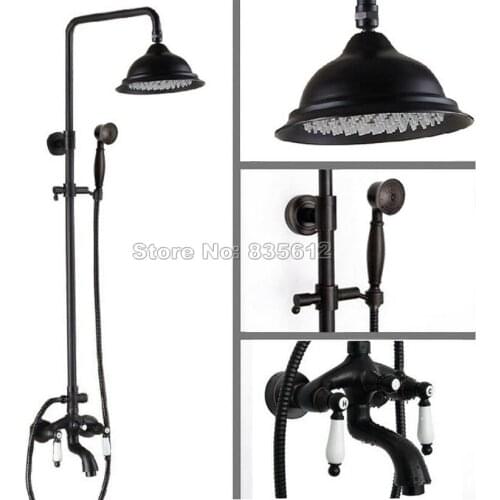 Black Oil Antique Brass Bathroom Rain Shower Faucet Set Wall Mounted Dual Ceramic Handles Bathtub Mixer Tap Whg047