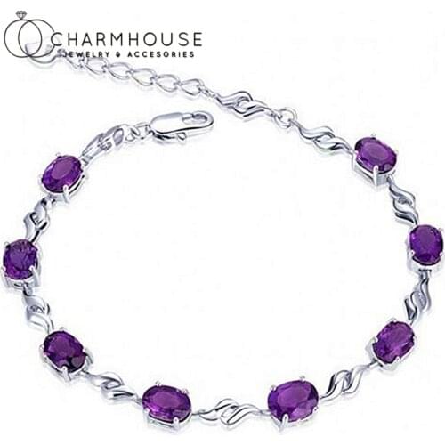 Pure Silver Charm Bracelets For Women Amethyst Crystal Chain Bracelet & Bangles Pulseira Femme Rhinestone Jewelry Accesories