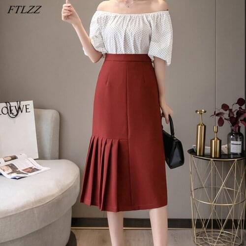 FTLZZ 2020 New Summer Women Asymmetrical Pleated Skirts High Waist Casual Female Solid Color Office Lady Black Medium Skirts