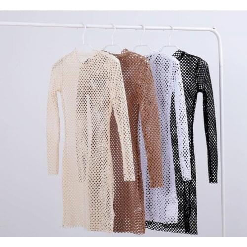 European Summer New Sexy Mesh Hollow Stretch Slim Bottomed Long Sleeve Mid-length Bag Hip T-shirts Women Tops Fashion Streetwear