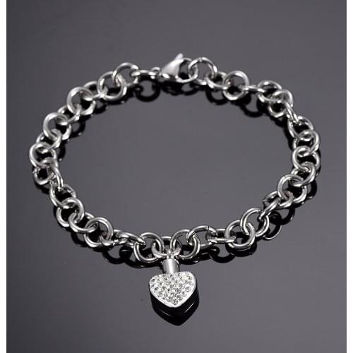 IJB5105 New Stainless Steel Cremation Jewelry Bracelet Steel Color Link Chain Bracelet with Crystal Heart Ashes Pendants Charm
