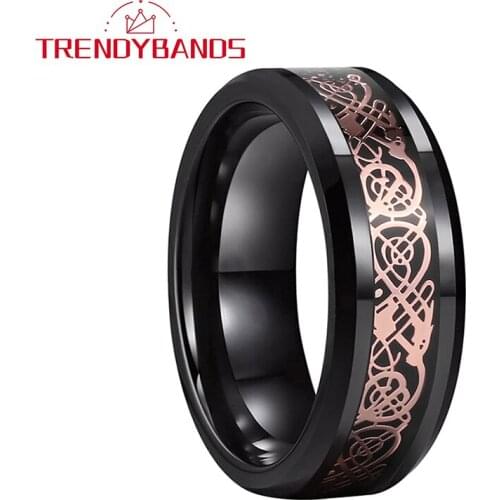 Rose Gold Dragon Inlay Ring Men Women Black Tungsten Wedding Band With Carbon Fiber 8MM Comfort Fit