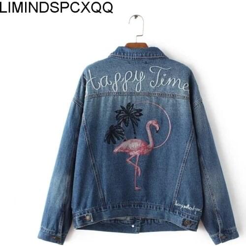Flamingo Embroidery Denim Jackets Female Spring Autumn Harajuku Fashion Jean Clothes Tops 2021 Loose Long Sleeve Woman Cropped