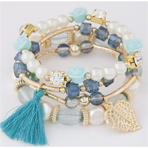 Europe NEW metal crystal beads pearls flowers leaves All-match temperament tassel multi-layer braided bracelet female bangles