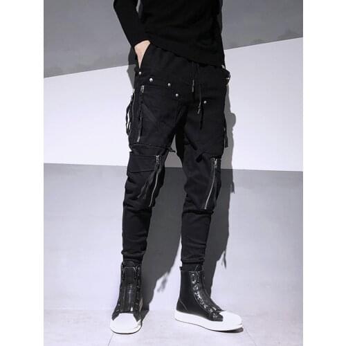 Free Shipping Mens Male Fashion Black Original Design Casual Dark Trend Zipper Decoration Slim Feet Harem Pants Korean Trousers