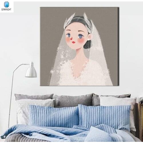 Diy oil painting numbers cartoon girl in wedding dress headdress digital paint by numbers drawing practice for decor living home