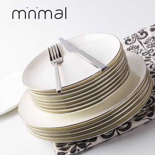 Gilt Rim White Porcelain Dinner Plate Set Kitchen Plate Ceramic Tableware Food Dishes Rice Salad Noodles Bowl Mug Cutlery Set 1p
