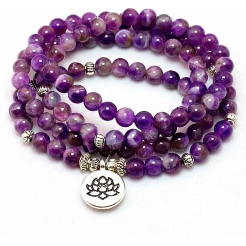 Natural Purple Crystal Chakra 108 Buddha Mala Bracelet or Necklace Yoga Mala Stone Bracelet for Women Lotus Jewelry