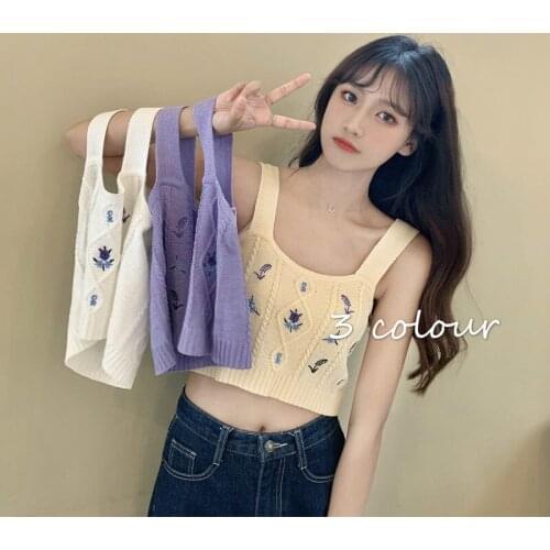 2021 New Summer Soft Girl Lolita Vest Japanese Korean Student Slim Knitted Sling T Shirt Sleeveless Knit Camisole Sweet Tank Top