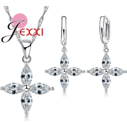 Sparkling New Classic Vintage Cross Flower 925 Sterling Silver Pendant Necklaces Earrings Wedding Bridal Jewelry Set For Women