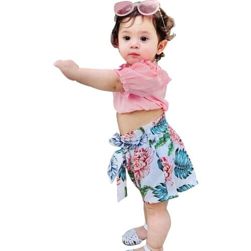 New Kids Baby Girls Fashion 2-piece Outfit Set Off Shoulder Tops+Print Shorts Set for Children Girls 2021 New Outfits