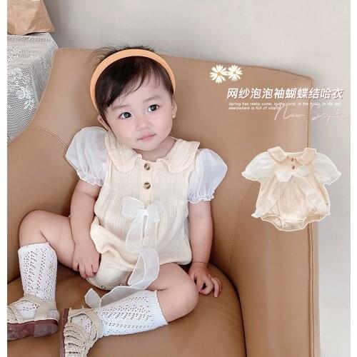 Summer New Baby Short Sleeve Rompers Infant New Born Baby Cute Puff Sleeve Bow Bodysuit Toddler Girls Cotton Soft One-Pieces