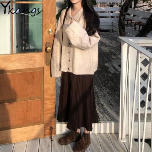 Autumn Knitted Womens Two Piece Set 2020 Winter Warm Sweater Suit Vintage Long Sleeve Cardigan Female Midi Pleated Skirt Set