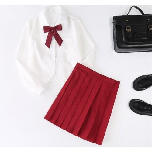 Autumn Women Blouse add Pleated Skirt Two Piece Set Bow School Uniforms Student Costume Long Sleeve Japanese Korean JK Clothing