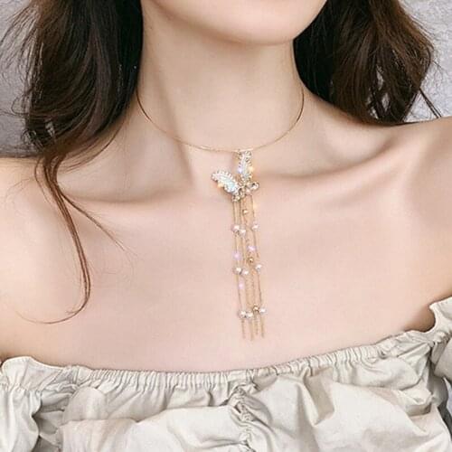 New Fashion Trendy Long Tassel Collar Colorful Butterfly Pendant Collar for Women Summer Travel Jewelry New Ladies Necklace