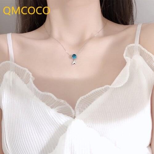 2021 New Delicacy 925 Silver Chain Blue Crystal Fish Tail Pendant Necklace For Women Collares Clavicle Chain Birthday Gift