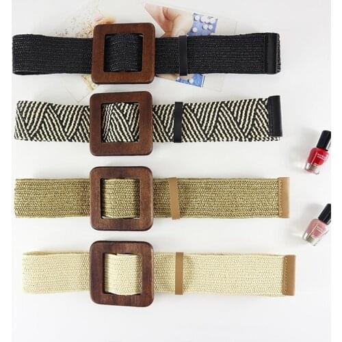 Women Vintage Retro Adjustable Elastic Imitate Woven Straw Waist Belts Square Buckle Waistband Bohemian Boho Dress Belts