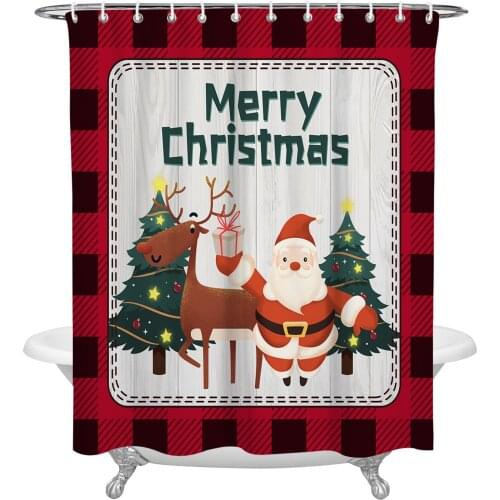 Christmas Santa Claus Elk Gift Shower Curtain Waterproof Polyester Fabric Bathroom Curtain Home Bath Curtain with Hook