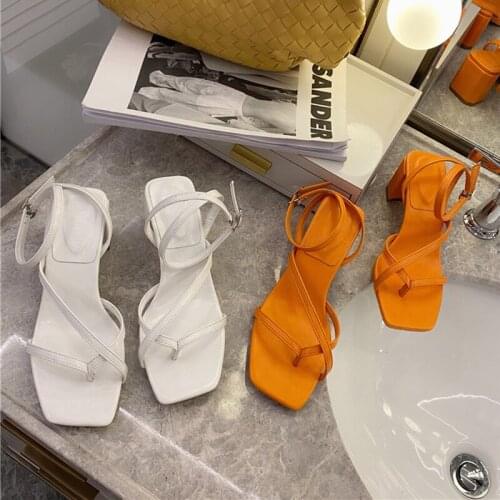 Sandals Women Block High Heels Sandals Designer Orange White Medium Heels Flip Flops Sandals Female Party Shoes 2021 New