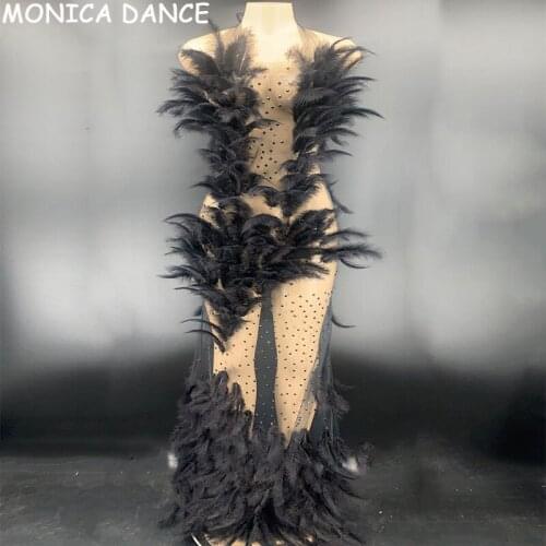 Sexy Stage Black Rhinestone Feather Transparent Dress Birthday Celebrate Outfit Bar Women Dancer Prom Singer Dance Dress