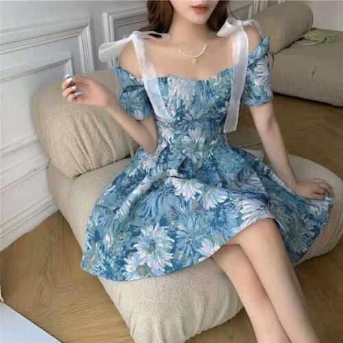 Chiffon Summer Floral Dress Women 2021 Puff Sleeve Vestidos De Mujer Casual Elegant Plus Size Party Evening Linen Robe Femme