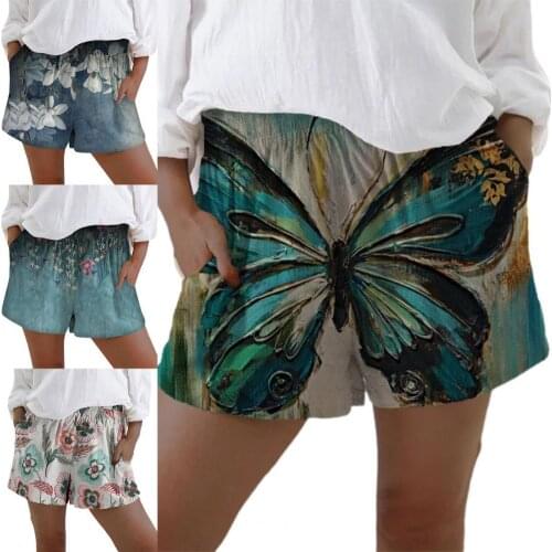 Summer High Waist Wide Leg Shorts Printed Loose Women Mid Rise Pocket Short Pants Pure Cotton Casual Loose Holiday Trousers