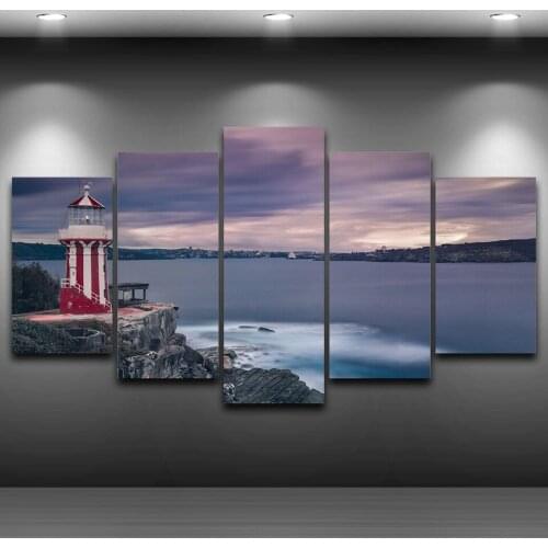Modern Home Decor Modular Pictures On Canvas Frame HD Printed Poster 5 Pieces Lighthouse Seascape Painting Wall Art Photo