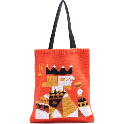 Female Vintage Knit Wool Poker King Pattern Tote Bag Women Fashion Crochet Retro Designer Cartoon Shopper Top-handle Handbag
