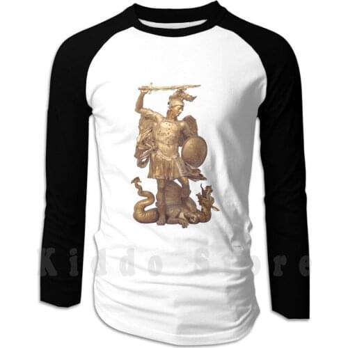 St. Michael The Archangel Patron Saint Of hoodie long sleeve Statue Archangel Michael Slaying Satan Dragon Quis