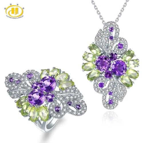 Hutang Natural Gemstone Ring Pendant Jewelry Sets Solid 925 Sterling Silver Amethyst Peridot Fine Fashion Stone Jewelry For Gift