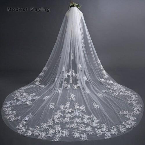 Elegant Ivory 3M Flowers Lace Long Wedding Veils 2018 with Comb Royal Cathedral Church Bridal Veil velos de novia largos encajes