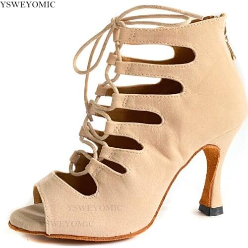 2021 New Style Beige Suede Dance Shoes Boots Women Latin Dance Shoes Girls Thick Soft Sole Salsa Bachata Dance Booties
