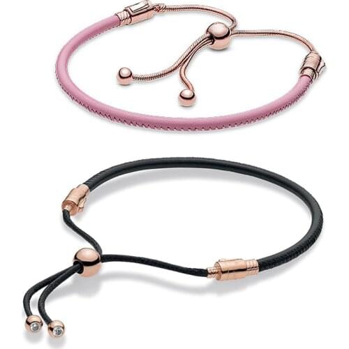 925 Sterling Silver Rose Moments Pink Leather Slider pandora Bracelet Bangle Fit Women Bead Charm Jewelry