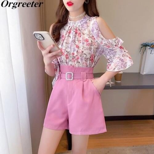 2021 Summer New Short Sleeve Two piece set Women Sweet Pink Floral Print Chiffon Blouse With Belt High waist Shorts Suits