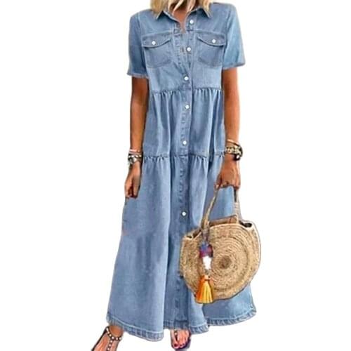 Women Denim Dress Summer Short Sleeve Office Lady Dresses Single-breasted Turn Down Collar Pockets Loose Maxi Dress