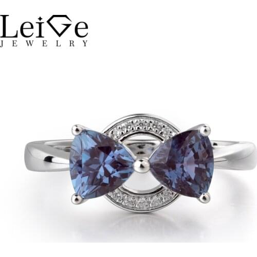 Leige Jewelry Lab Created Alexandrite Color Changed Two Stones 925 Sterling Silver June Birthstone Trillion Cut Engagement Ring
