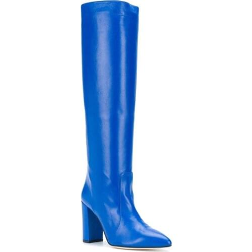 Winter Womens Fashion Long Boot Large Size Thick High Heel Knee Boots Pure Blue Genuine Leather Rome Shoes Woman Botas Mujer