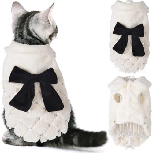 Winter Warm Clothes For Small Cats Dogs Elegant White Fur Pet Cat Coat Jacket With Bow Knot Luxury Kitten Kitty Clothing Overall