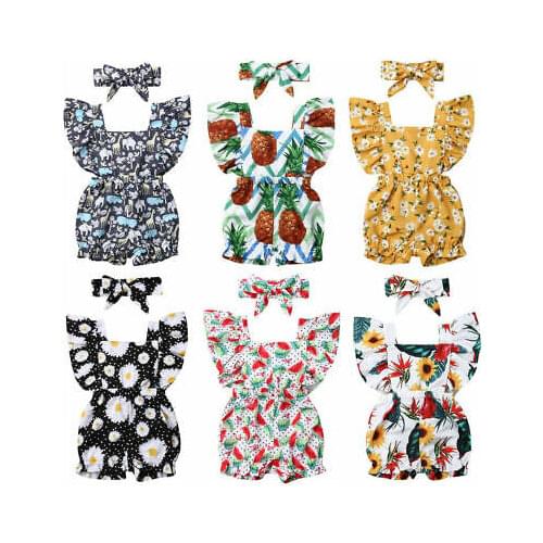 2020 Newborn Baby Girl Clothes Fly Sleeve Ruffle Swimwear Romper Jumpsuit Headband 2PCS Outfits Set