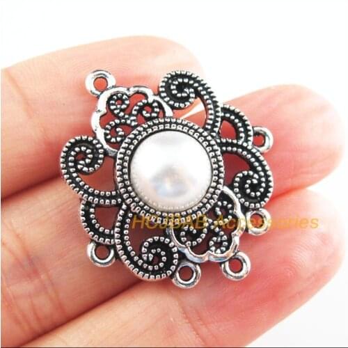 6 New Flower Charms Tibetan Silver Tone Retro Clouds White Acrylic Connectors 27.5x31.5mm