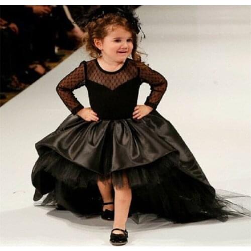 Black Flower Girl Dresses High Low Scoop Long Sleeves Floor Length Satin Tulle Ball Gown Kids Wedding Party Dresses